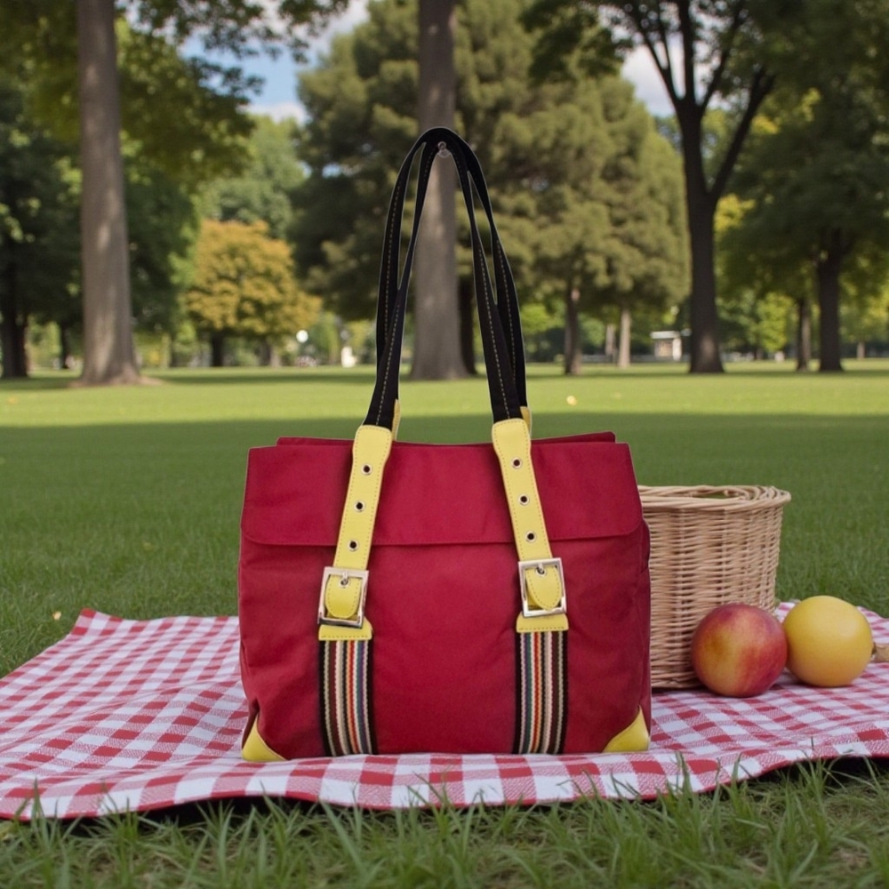PRESTON & YORK DEEP BURGUNDY & PALE YELLOW SATCHEL/ SHOULDER BAG